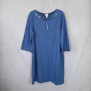 Chicos Dress Womens 2 Large Blue Dusk Grommet Detail A-Line Knee Length NEW